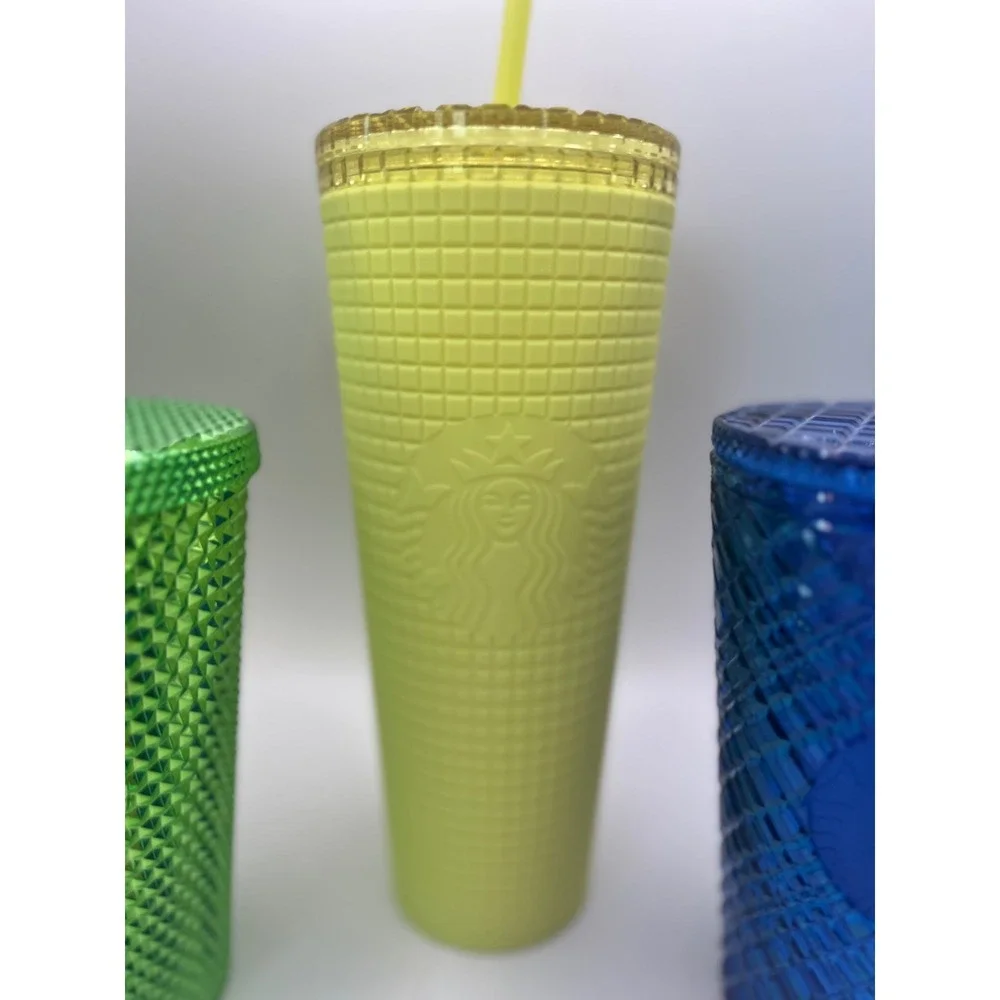 Starbucks Tumbler Set 3pc Studded Grid Diamond Green Yellow Blue 24oz 16oz Cup